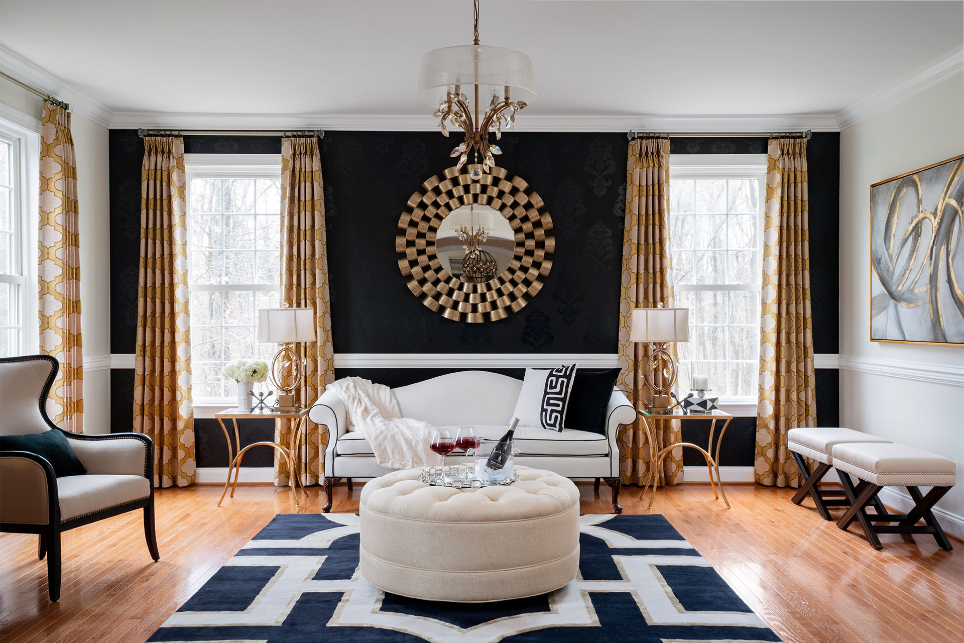 Bold area rug acts as art and a focal point